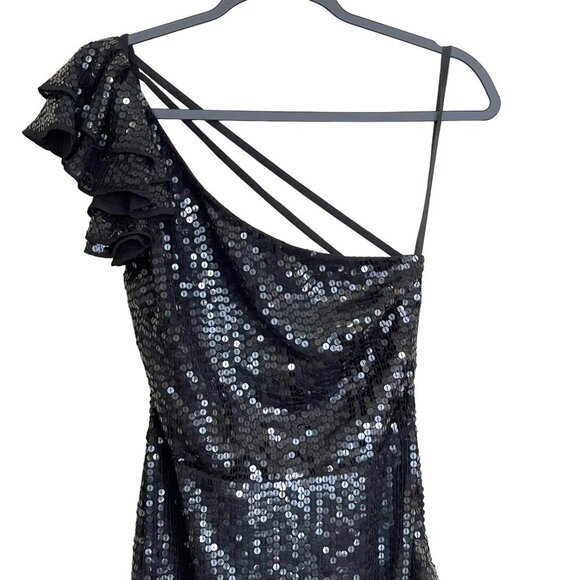 Mac Duggal Black Sequins One Shoulder Strap Open Back Ruffle Maxi Dress NWT - Picture 2 of 6